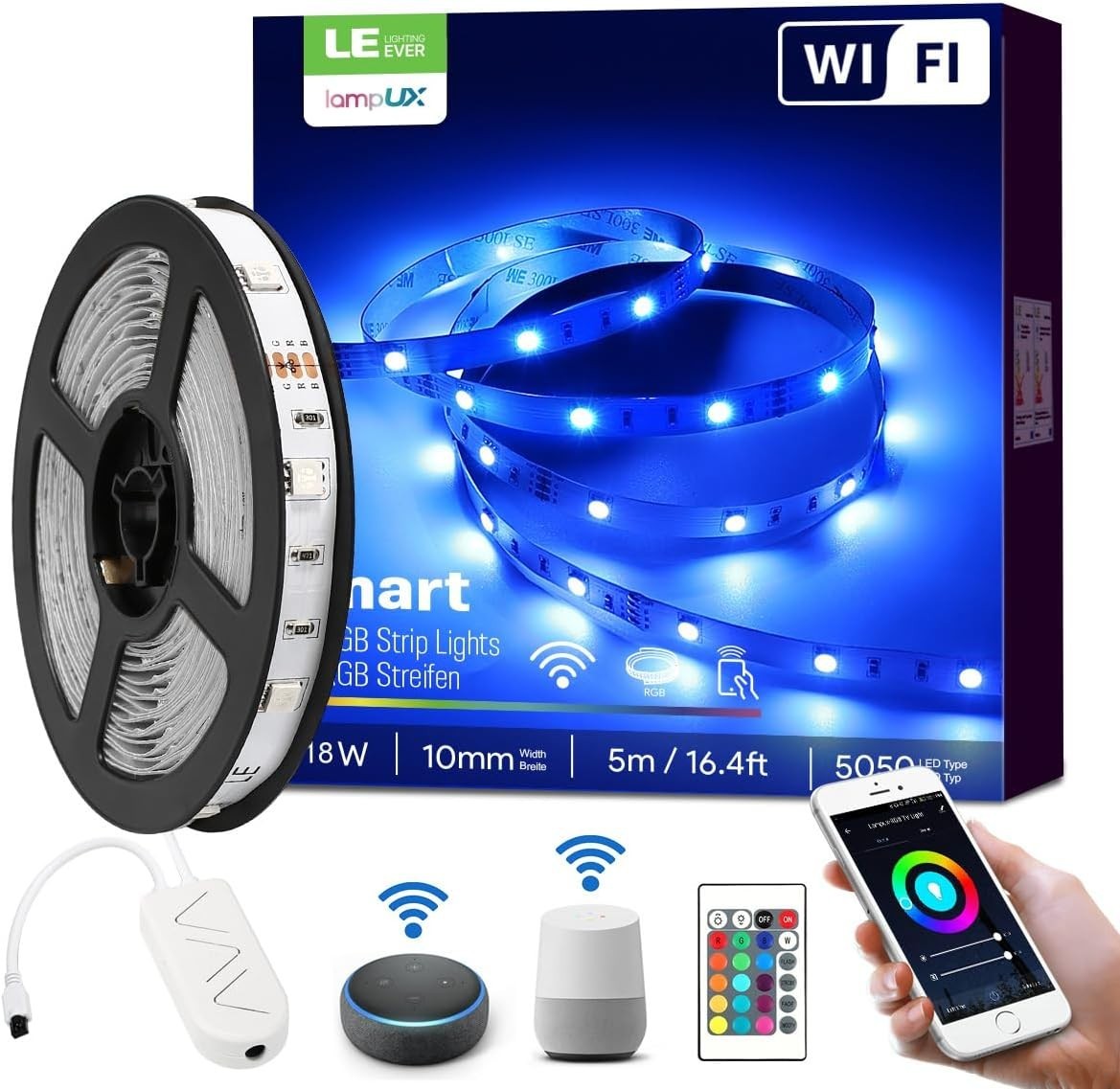 LampUX 5m WiFi Smart LED RGB Strip Lights IP65 Alexa Google Assistant, R Control