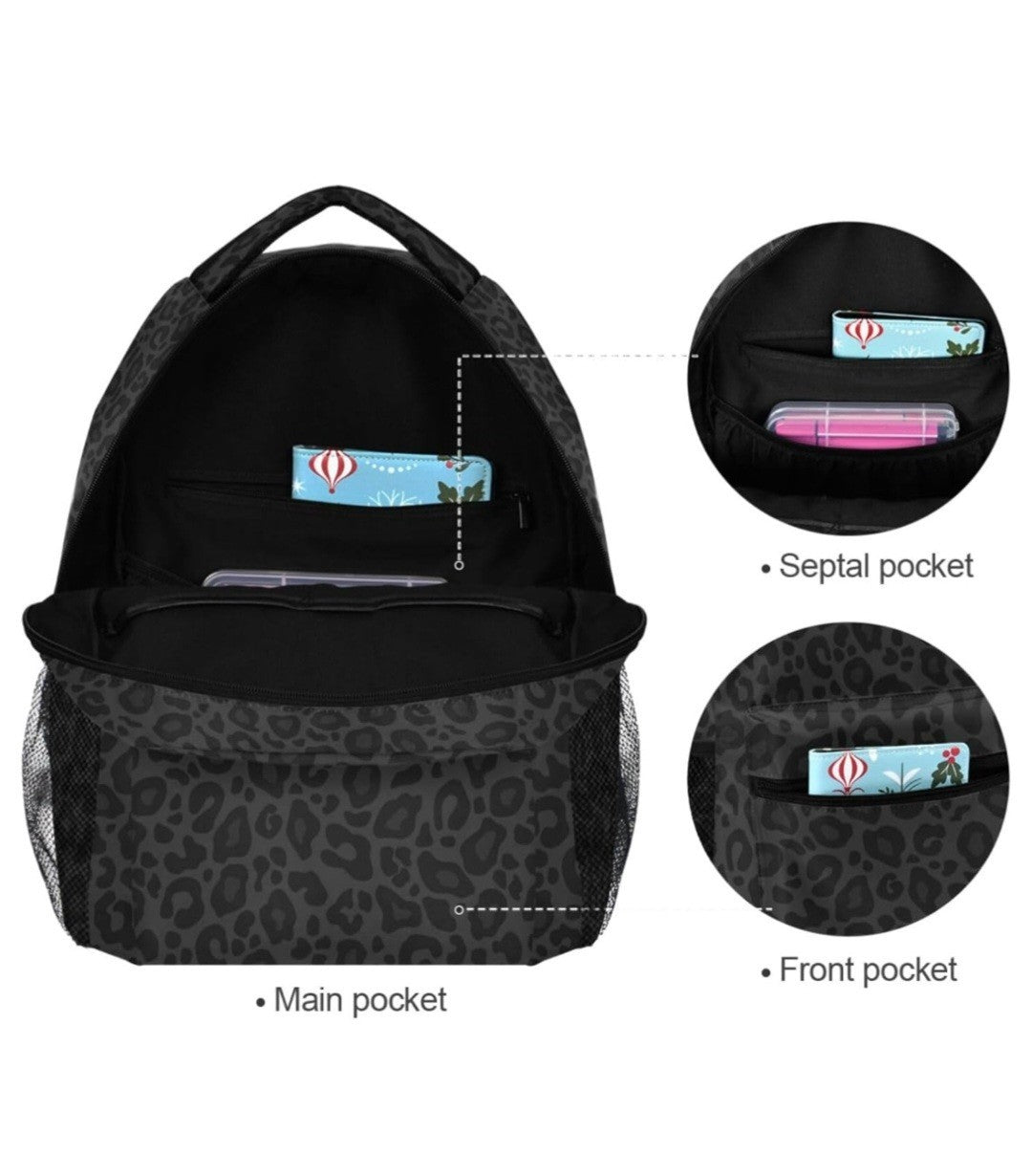 Black Leopard Print Backpack School bag Daypack Travel Hiking...