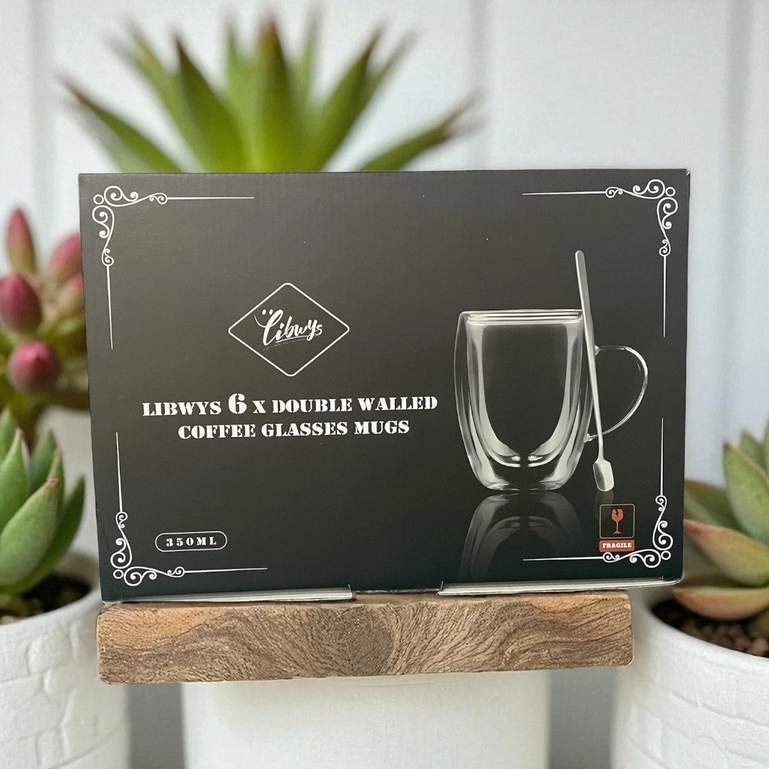 LIBWYS 6x 350ML Double Wall Glass Tea, Coffee Mugs + 6 Spoons – Heat Resistant 