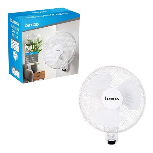 Benross 16" Oscillating Wall Fan 50W | 3 Speed Settings | Pull Cord Control 