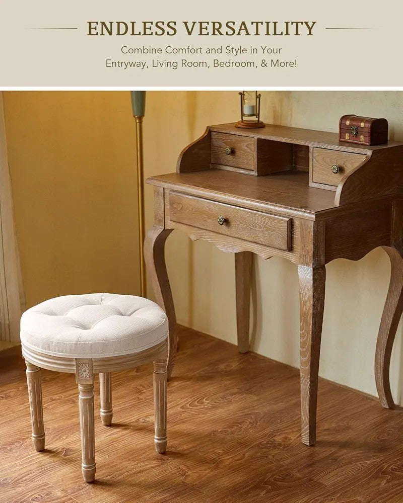 New Ottoman Vanity Stool 45cm French Vintage Round Tufted Upholstered Beige Seat