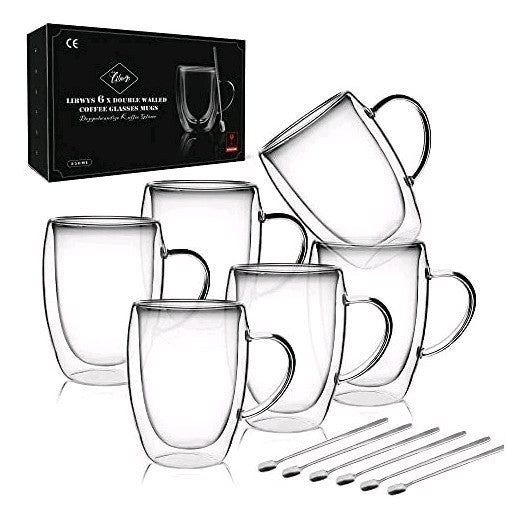 LIBWYS 6x 350ML Double Wall Glass Tea, Coffee Mugs + 6 Spoons – Heat Resistant 