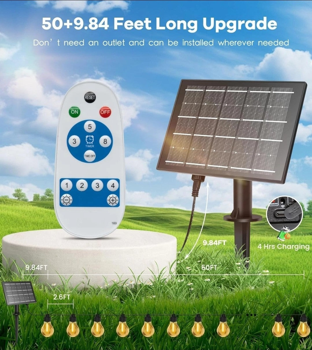 50ft solar & Usb Power outdoor garden Festoon String Light Waterproof 20 Bulbs