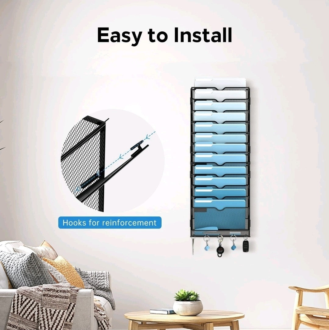 13-Tier Wall File Organiser – A4 Mesh Document Holder with Key Wall Files Holder