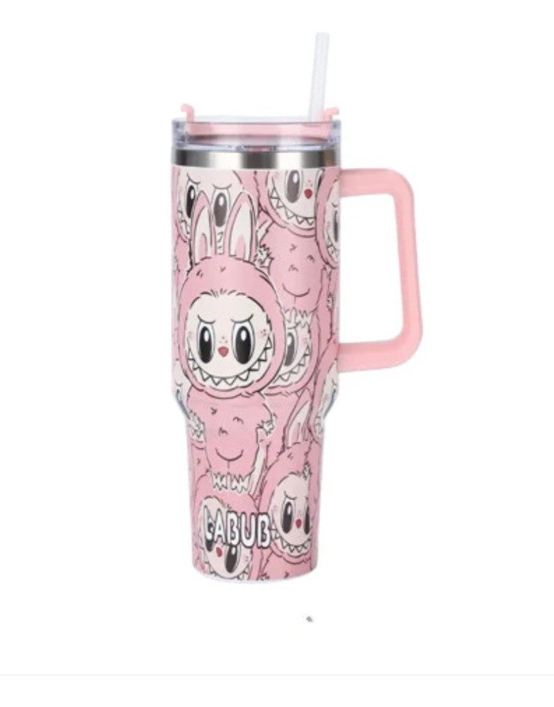 LABUB Character Travel Mug Tumbler with Handle–40oz Insulated Cup with Lid BROWN