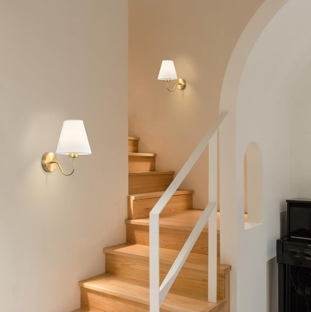 Antique Brass Classic Gold Wall Sconce with White Fabric Shade Modern E27 Light 