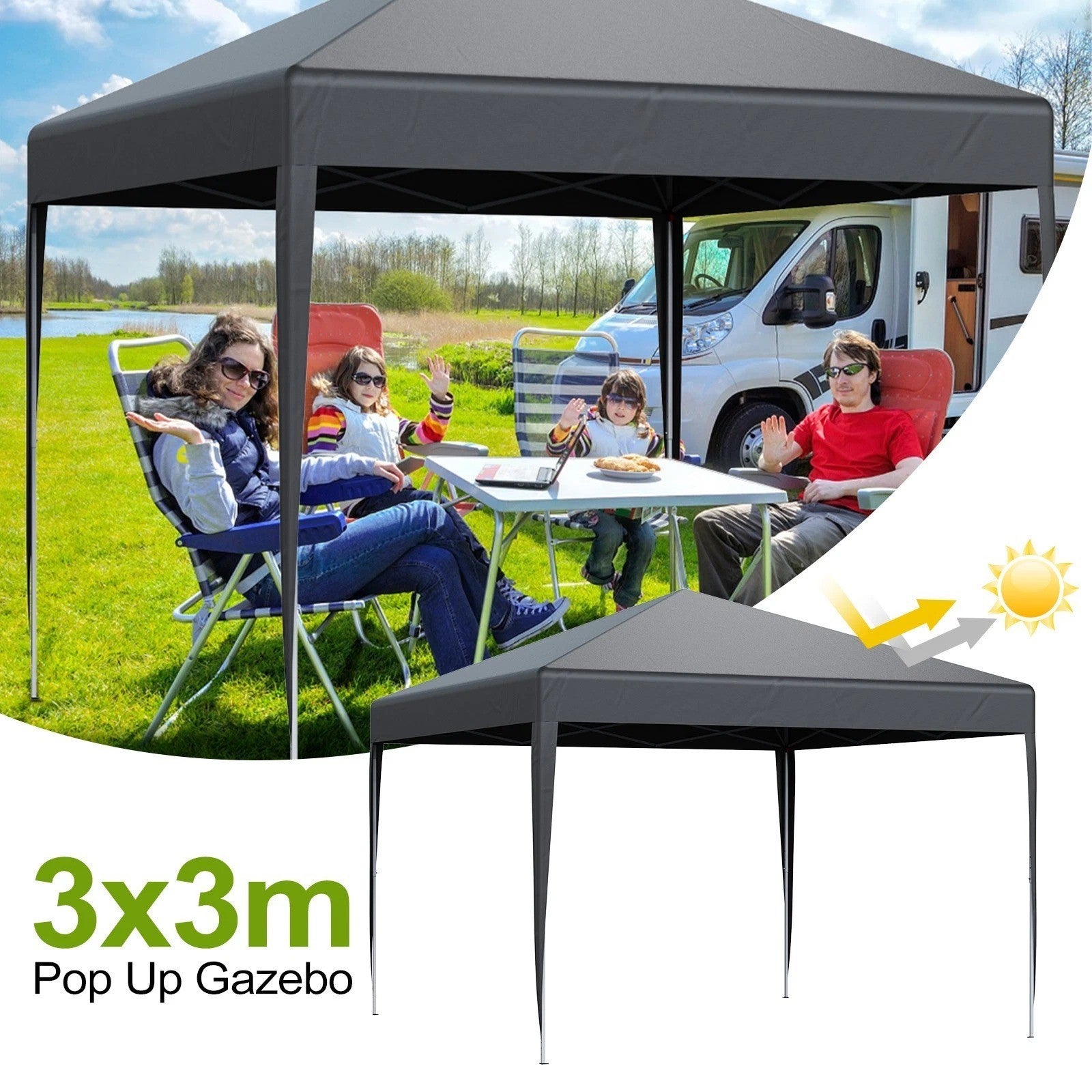 3X3M Heavy Duty Pop-up Gazebo Outdoor Garden Canopy Party Tent Adjustable -Grey