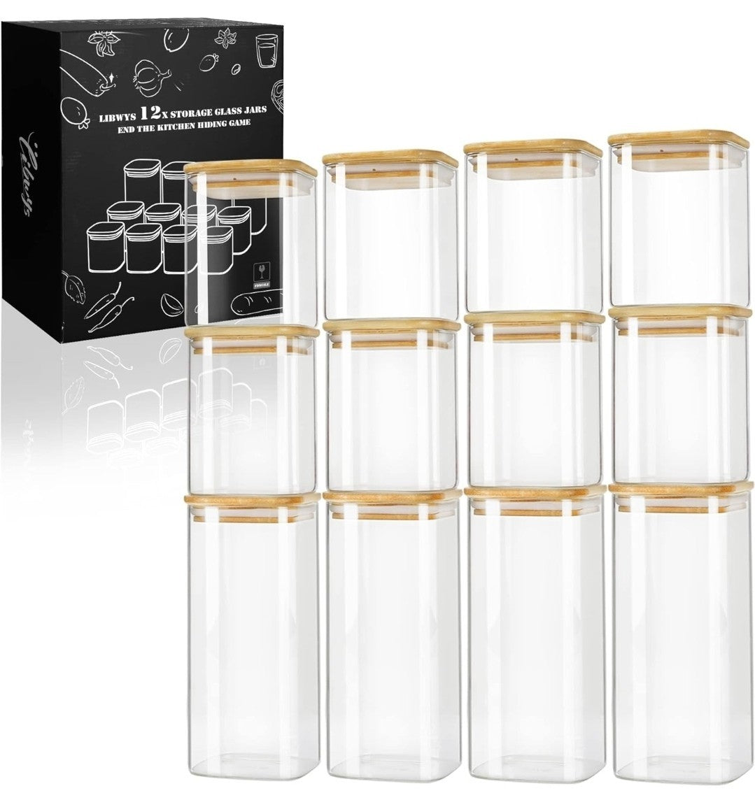 LIBWYS 12x Square Glass Food Storage Jars with Bamboo Lids Airtight Canisters 