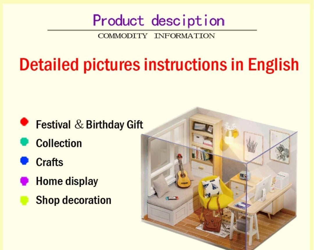 DIY Doll Room Miniature Furniture Wooden House Kit- DIY Cabin Sunshine Study LED
