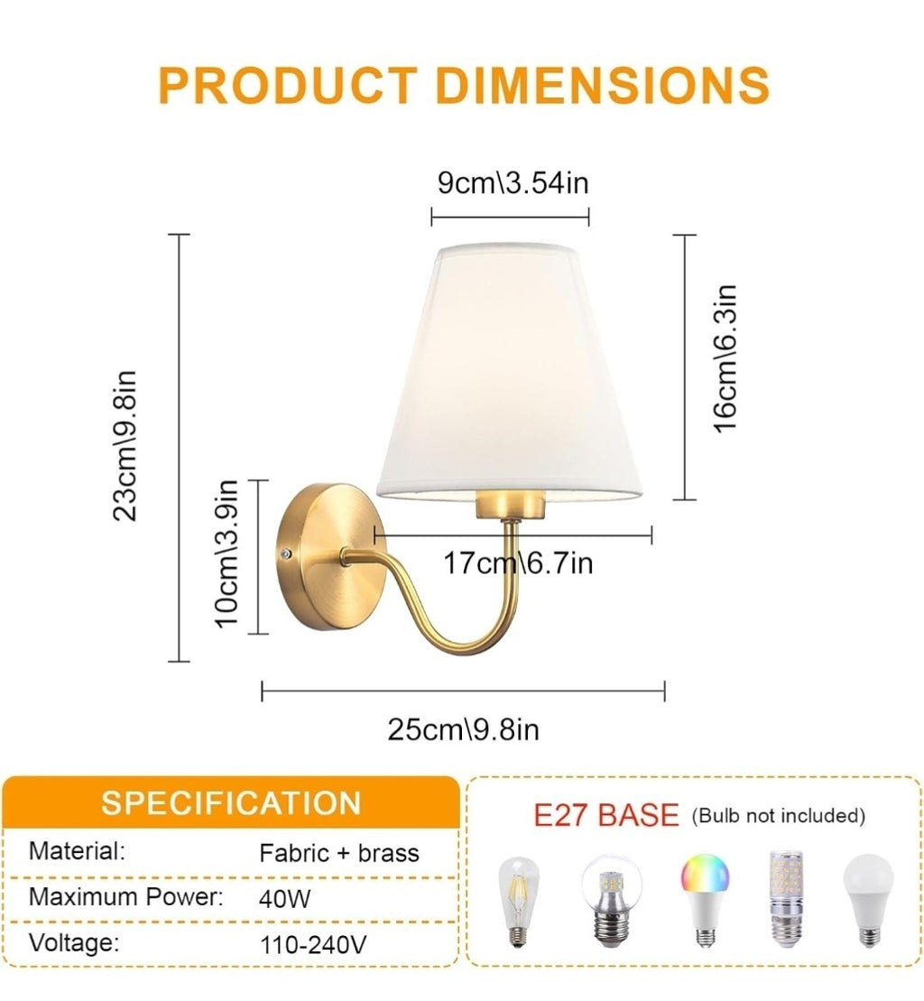 Antique Brass Classic Gold Wall Sconce with White Fabric Shade Modern E27 Light 