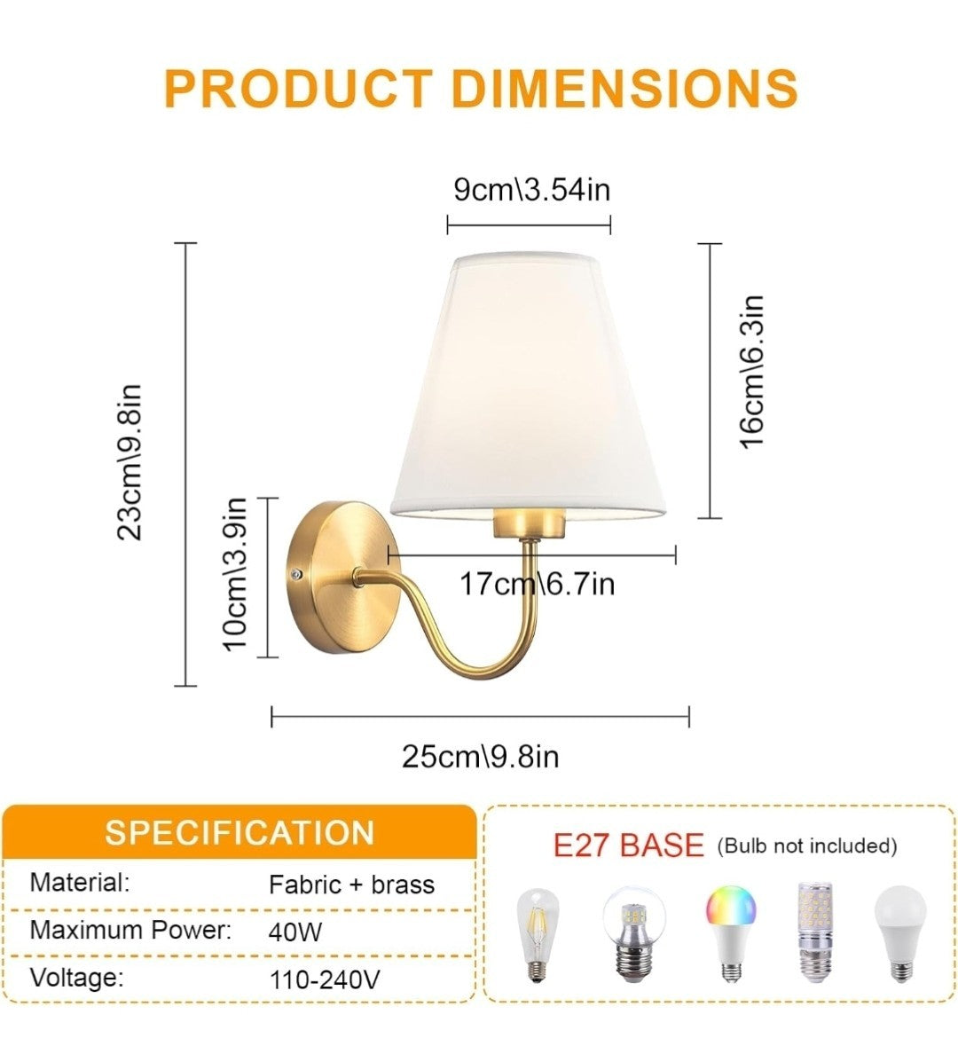 Antique Brass Classic Gold Wall Sconce with White Fabric Shade Modern E27 Light 