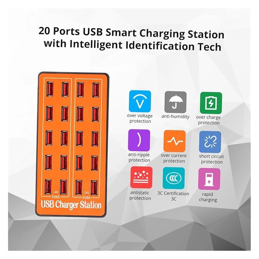 20-Port USB Charging Hub–Fast Charger Station 80W 16A, Multi-Device Desktop USB 