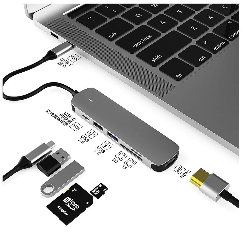 6-in-1 USB-C Travel Hub Docking Station | 2 USB-A, Type-C, HDMI, Micro SD, TF