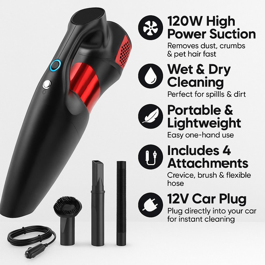 120W High Power Wet/Dry Portable Handheld Car Vacuum Cleaner Corded Lightweight