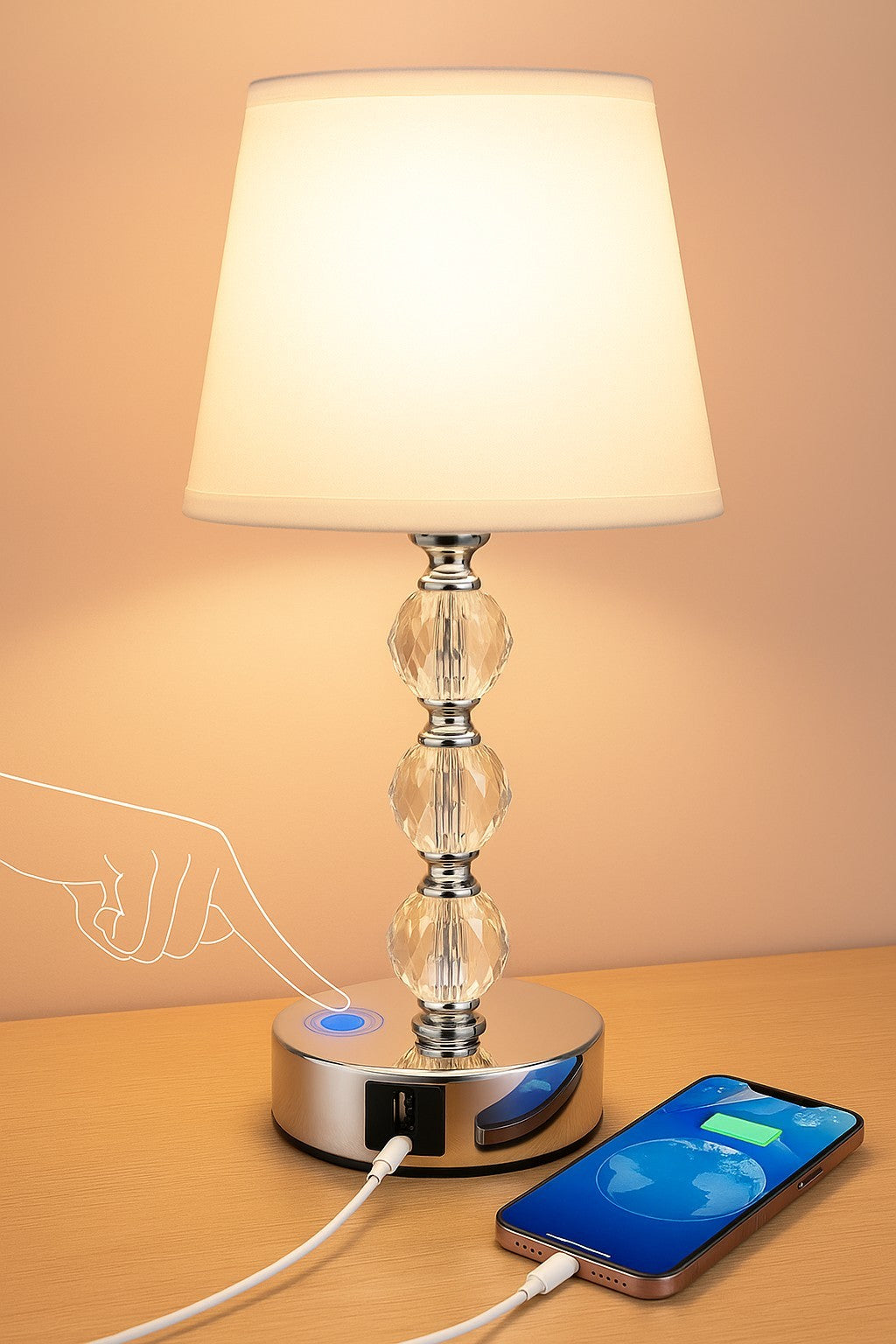 Bedside Table Lamp –Touch Control Dimmable Nightstand Lamp with Dual USB & USB-C