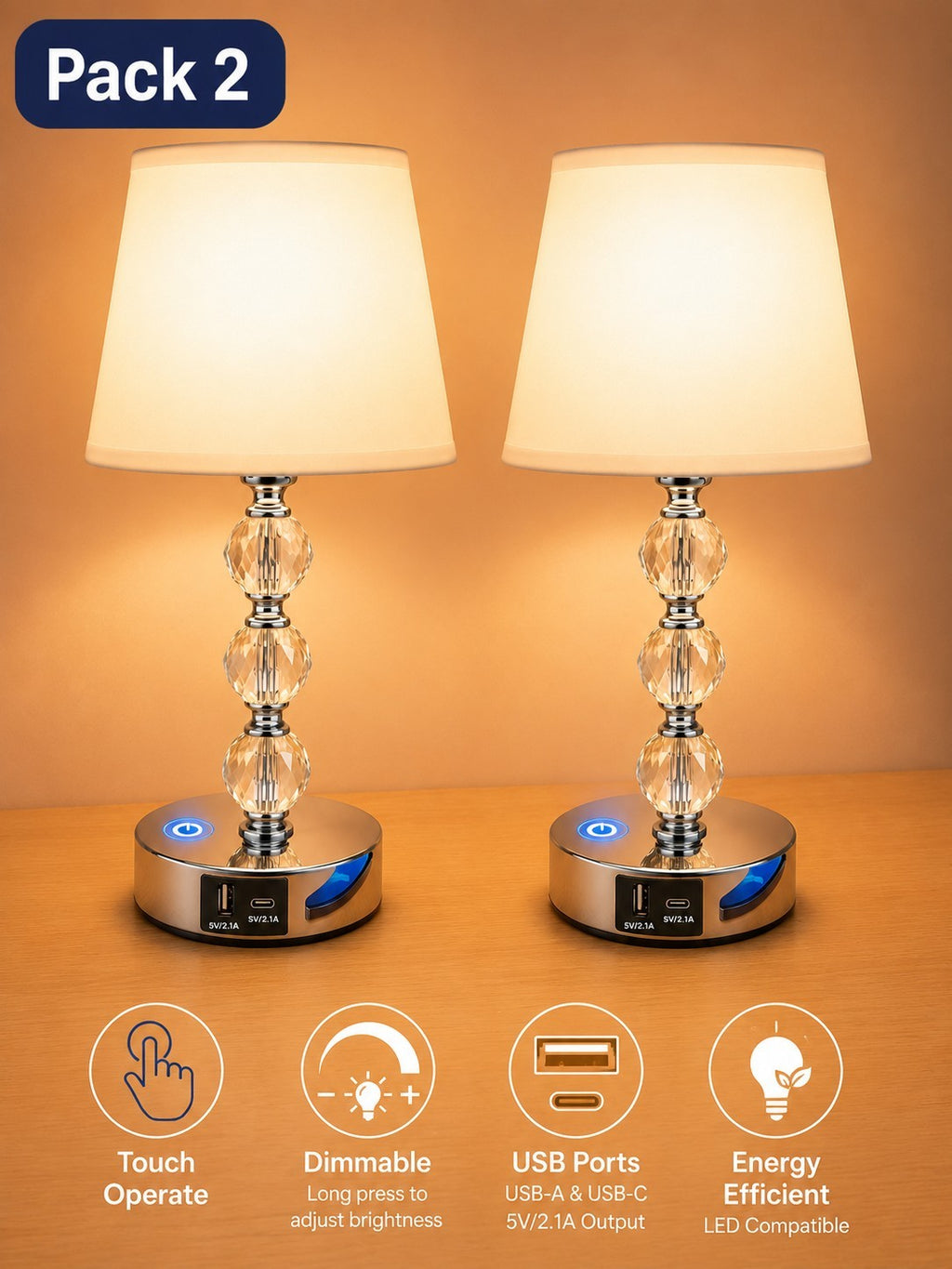 2 Pack Table Lamp –Touch Control Dimmable Nightstand Lamp with Dual USB-A & C