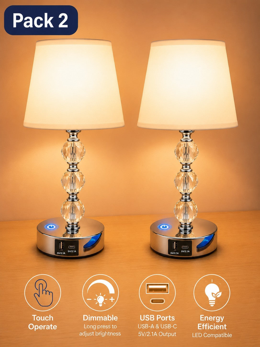 2 Pack Table Lamp –Touch Control Dimmable Nightstand Lamp with Dual USB-A & C
