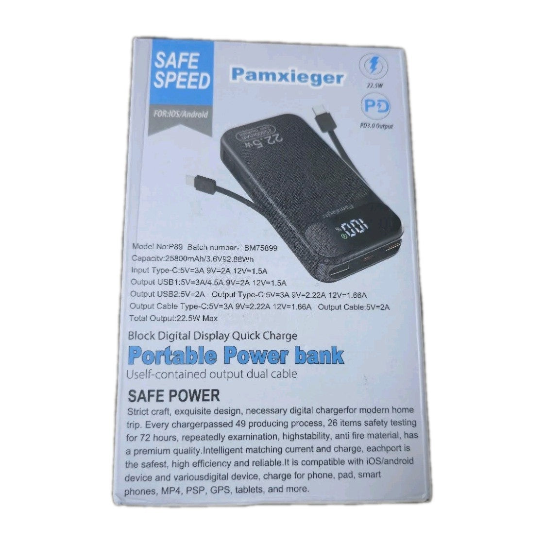 Super Fast Power Bank 25500mAh With Built-in Type-C And iPhone Cable + 3 Outputs
