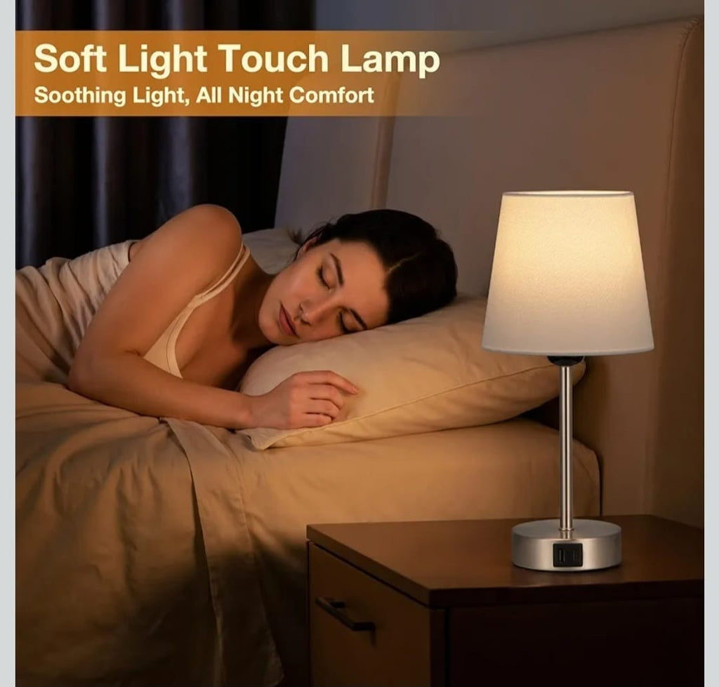 Set of 2 Touch Bedside Table Lamps with 3-Way Dimmable Light – Off-White Fabric 
