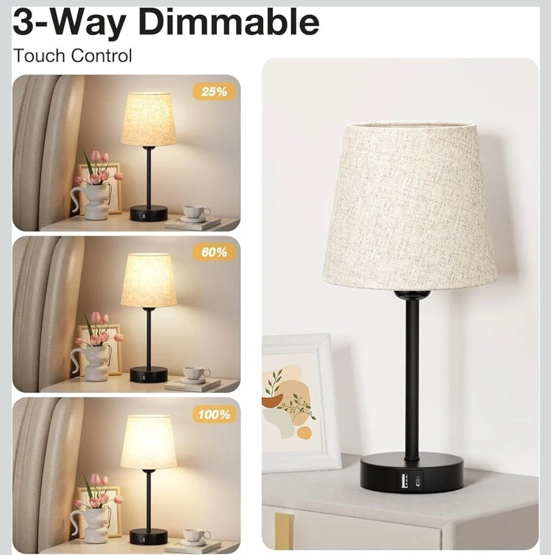 Set of 2 Touch Bedside Table Lamps with 3-Way Dimmable Light – Off-White Fabric 