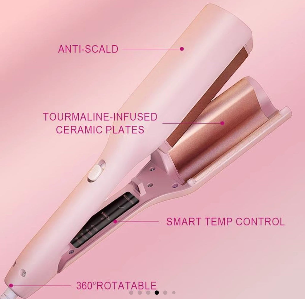 Big French Wave Hair Curler 32mm V-Shaped Waver Iron with 4 Heat Settings – Pink