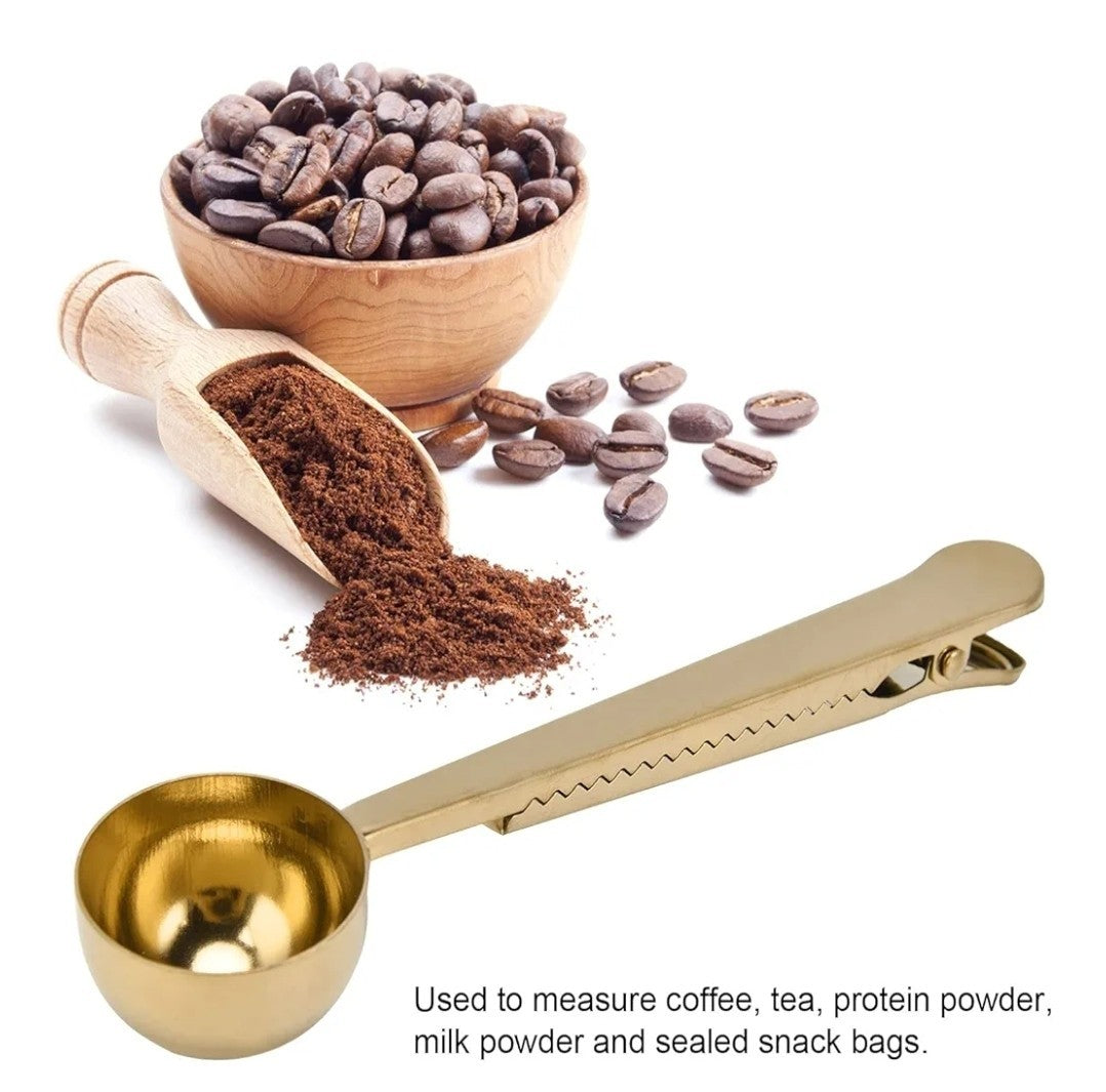 Gold Coffee Scoop with Bag Clip – 2-in-1 Stainless Steel Coffee Spoon for Tea