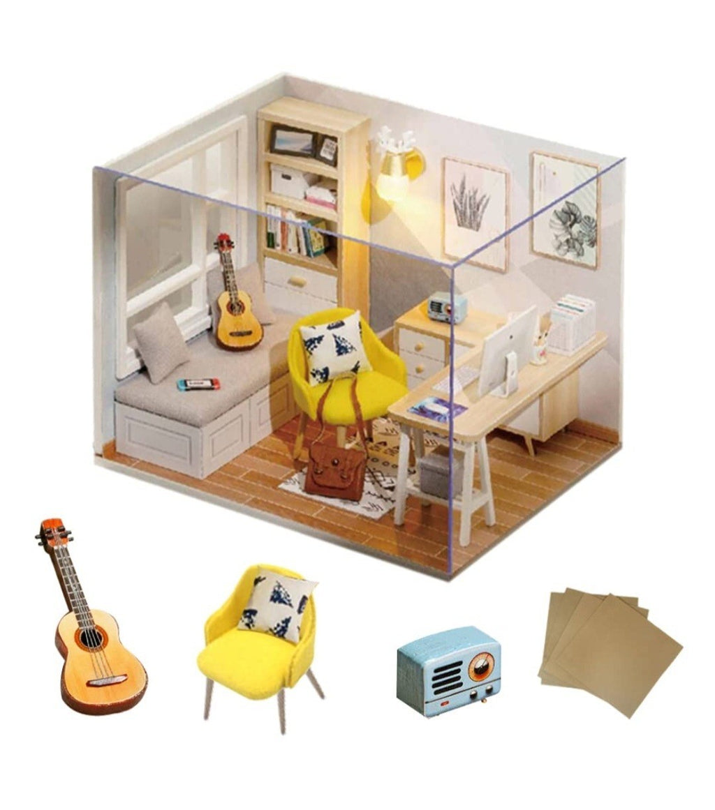 DIY Doll Room Miniature Furniture Wooden House Kit- DIY Cabin Sunshine Study LED