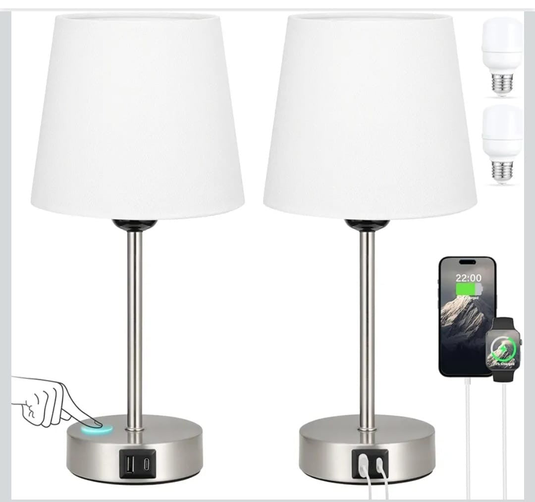 Set of 2 Touch Bedside Table Lamps with 3-Way Dimmable Light – Off-White Fabric 