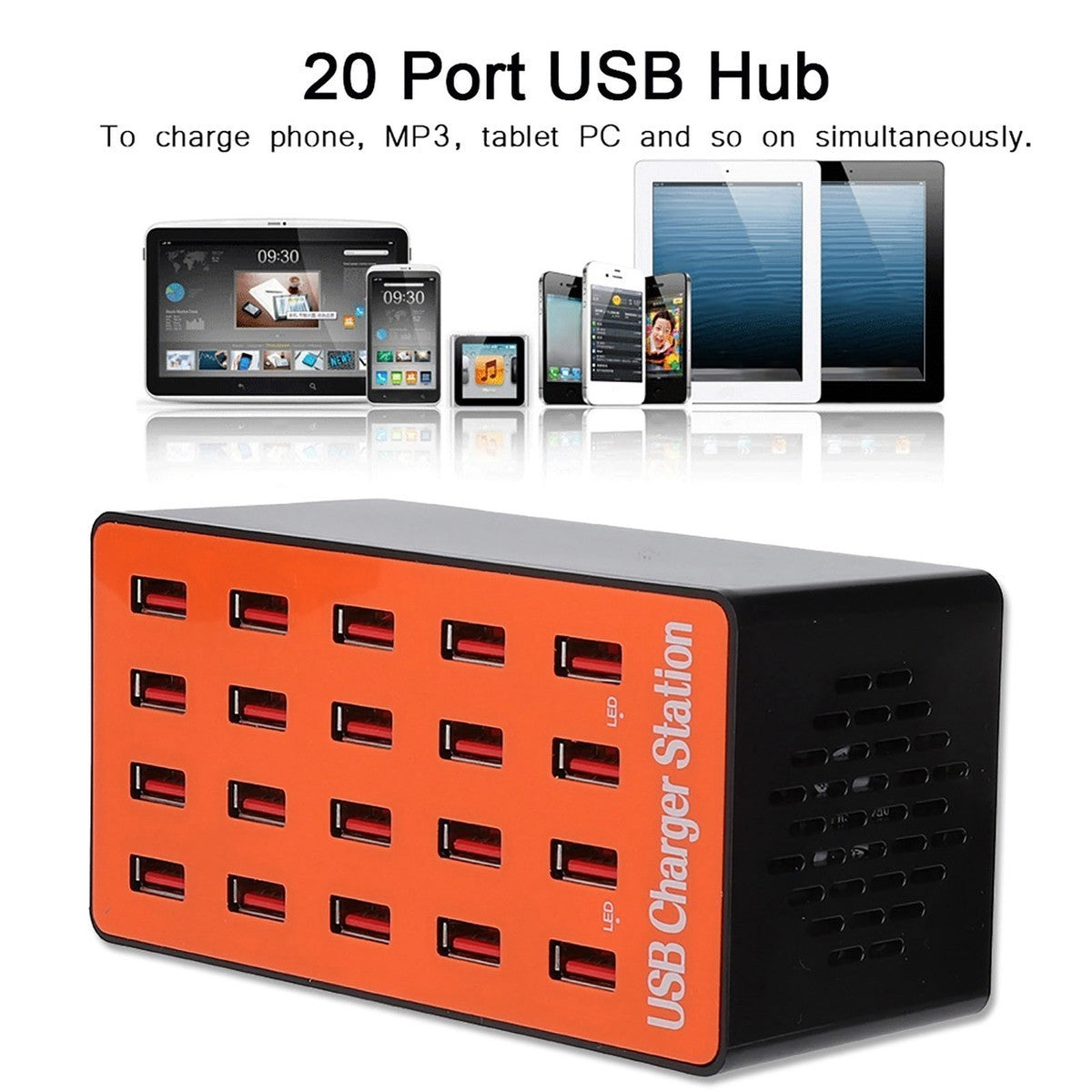 20-Port USB Charging Hub–Fast Charger Station 80W 16A, Multi-Device Desktop USB 