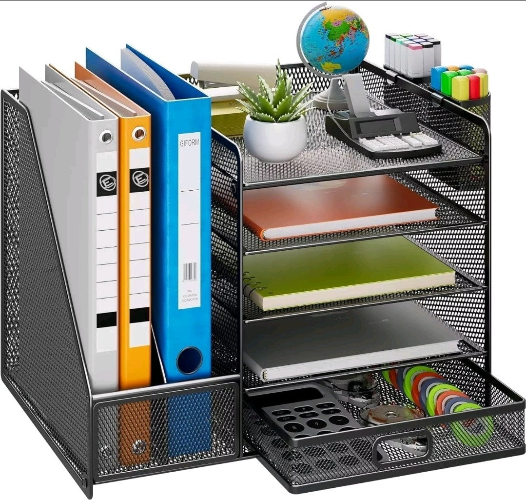 Mesh Desk Organiser Black 5-Tier Letter Tray with Drawer & Pen Holders |Vertical
