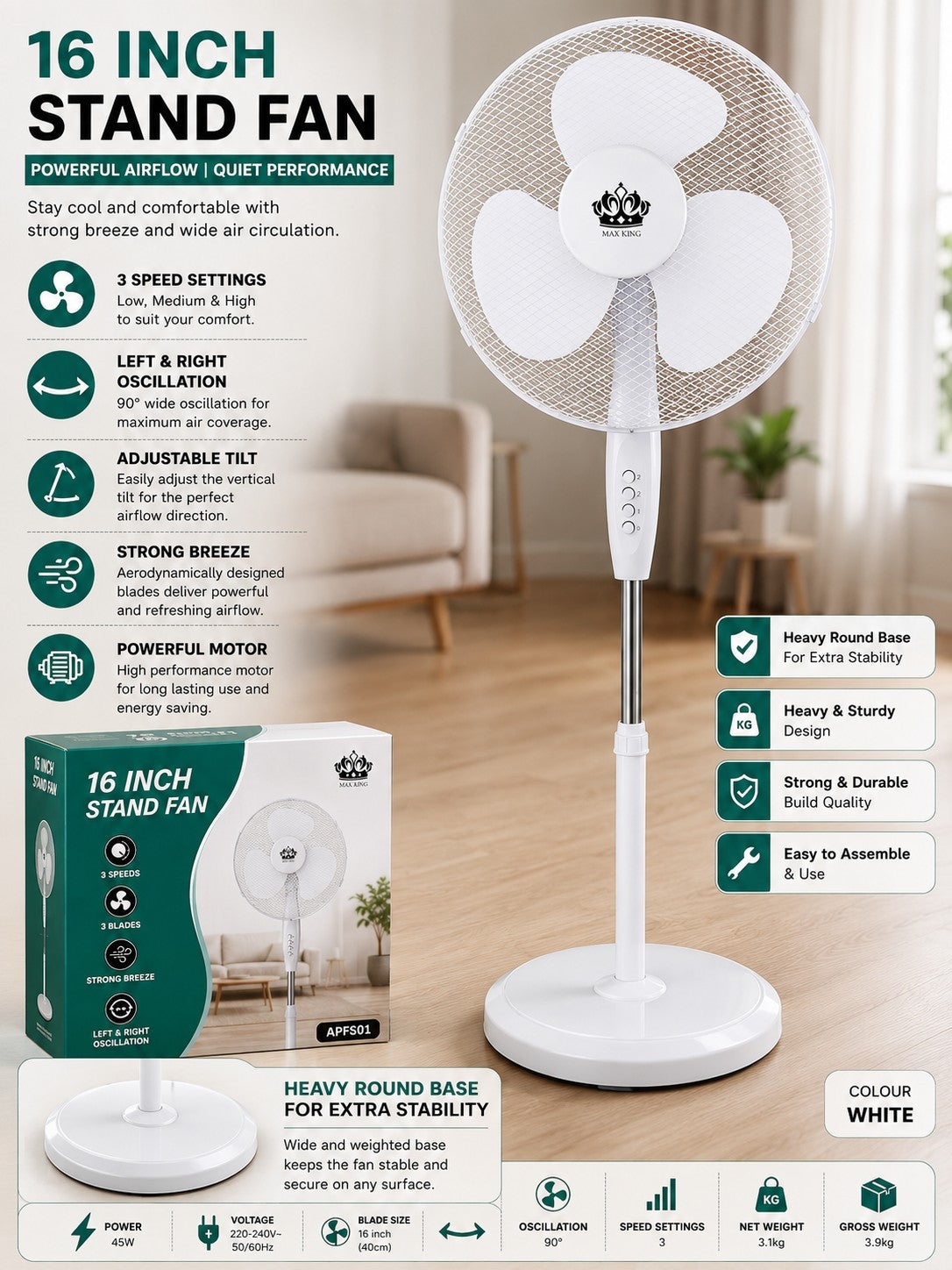 MAX KING 16" Stand Fan White 3 Speed Oscillating Pedestal Fan Heavy Round Base