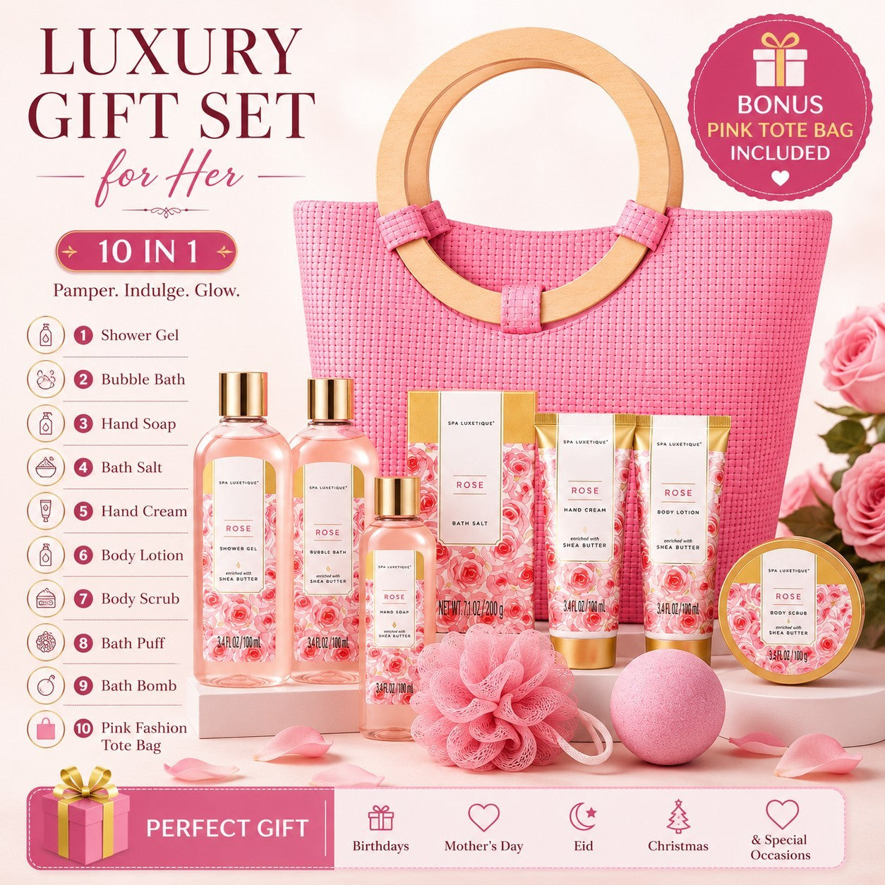 Gift Set For Her, Spa Luxetique Rose Bath & Body, Pink Tote Bag Shea Butter Spa