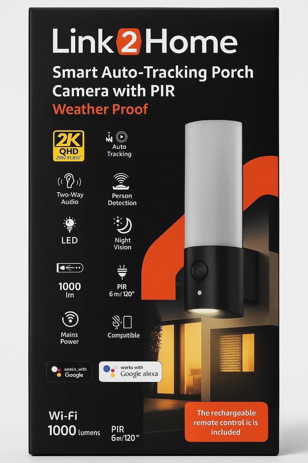 Link2Home L2H-PRHCAMBK Smart Porch Light with Camera