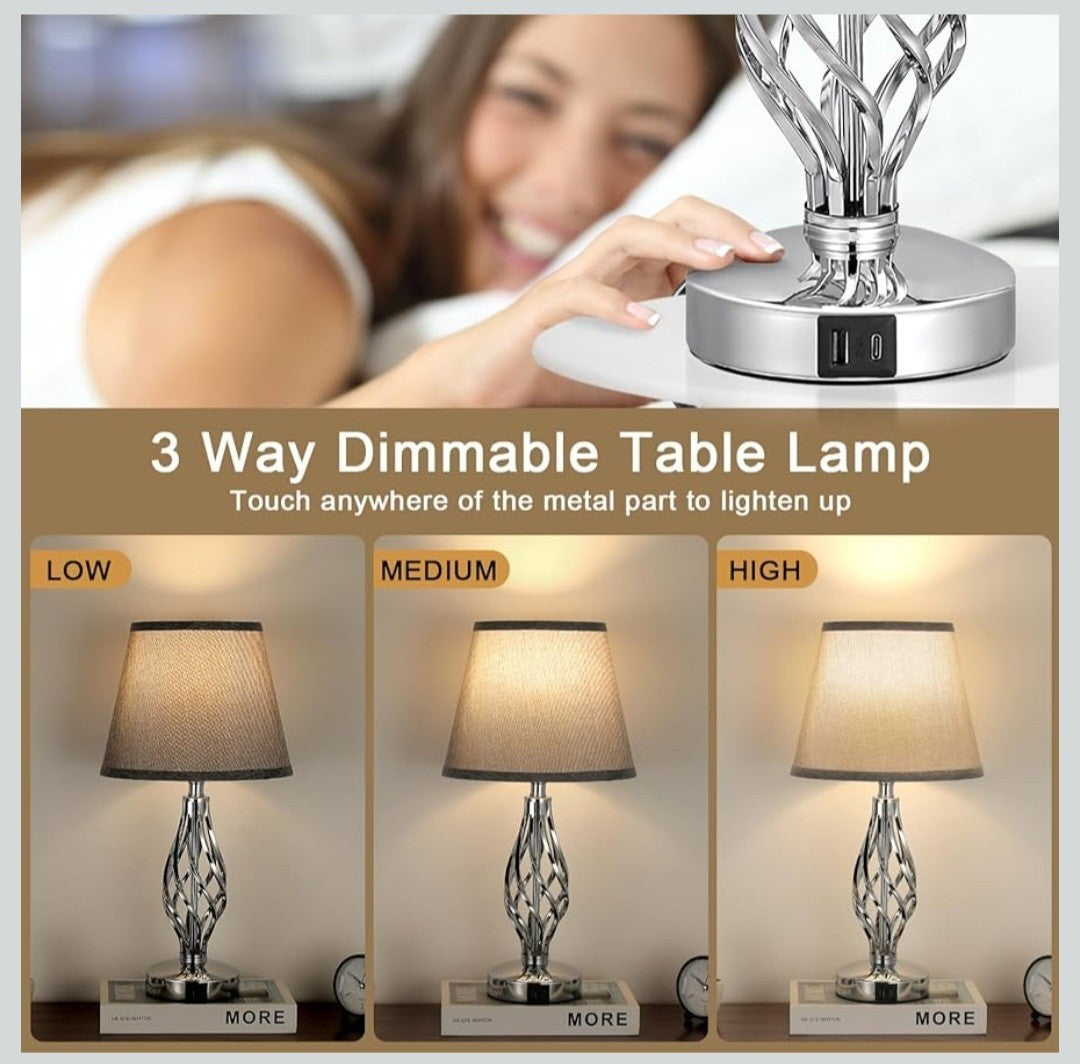 AOOSHINE Touch Table BedsideLamps Set of 2,USB-C USB-A Ports,3 Way Dimmable GREY