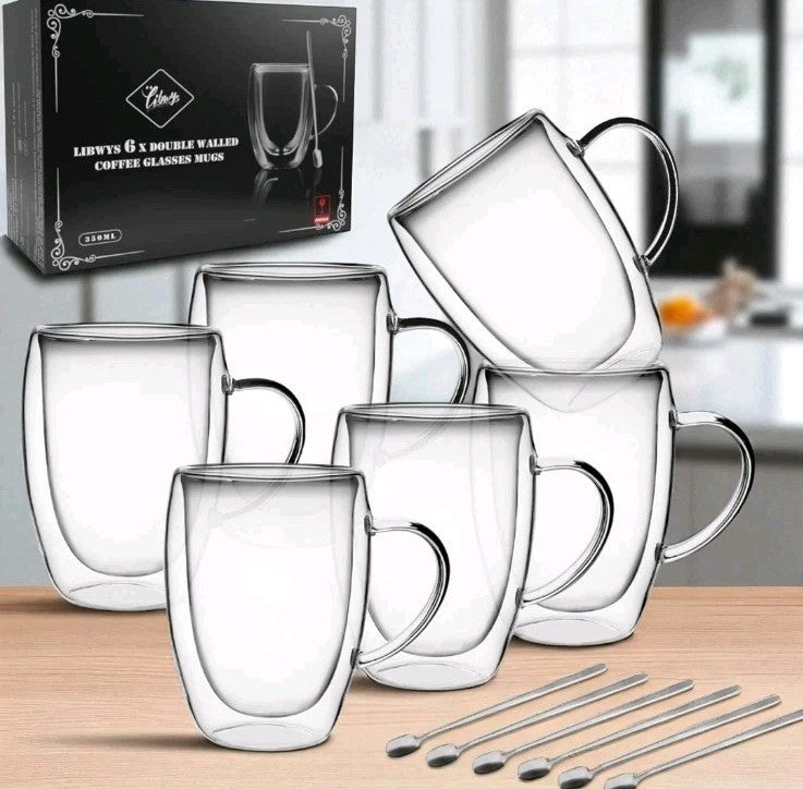 LIBWYS 6x 350ML Double Wall Glass Tea, Coffee Mugs + 6 Spoons – Heat Resistant 