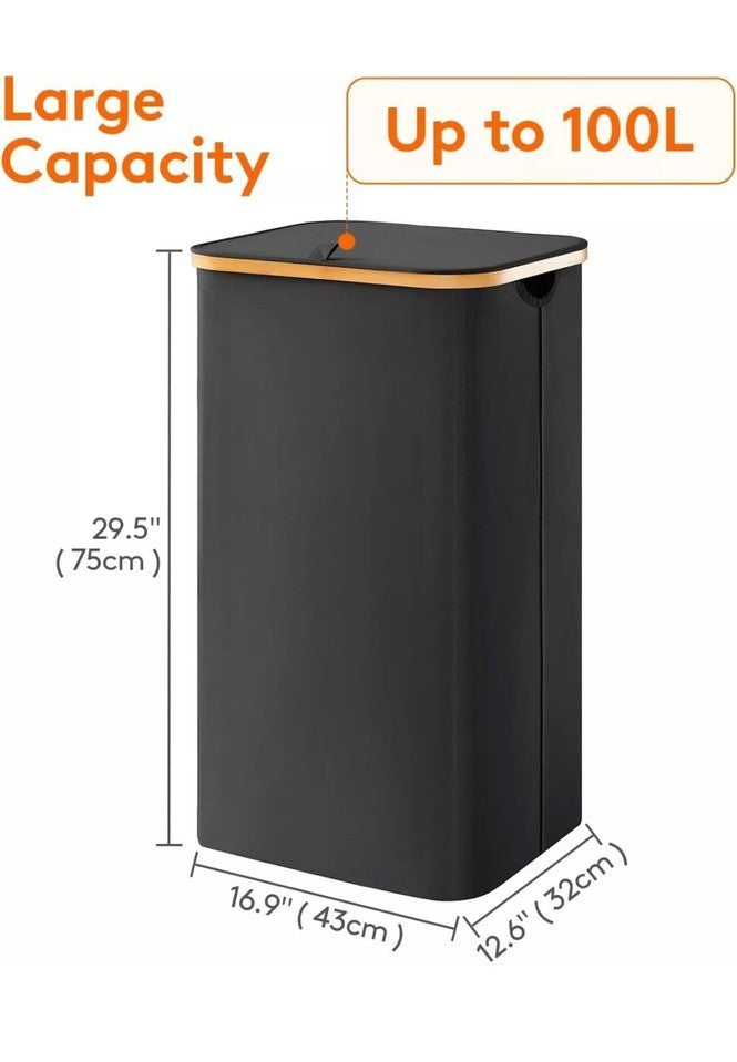 Adrian 100L Bamboo Laundry Hamper with Lid & Removable Bag in Dark Grey Colour