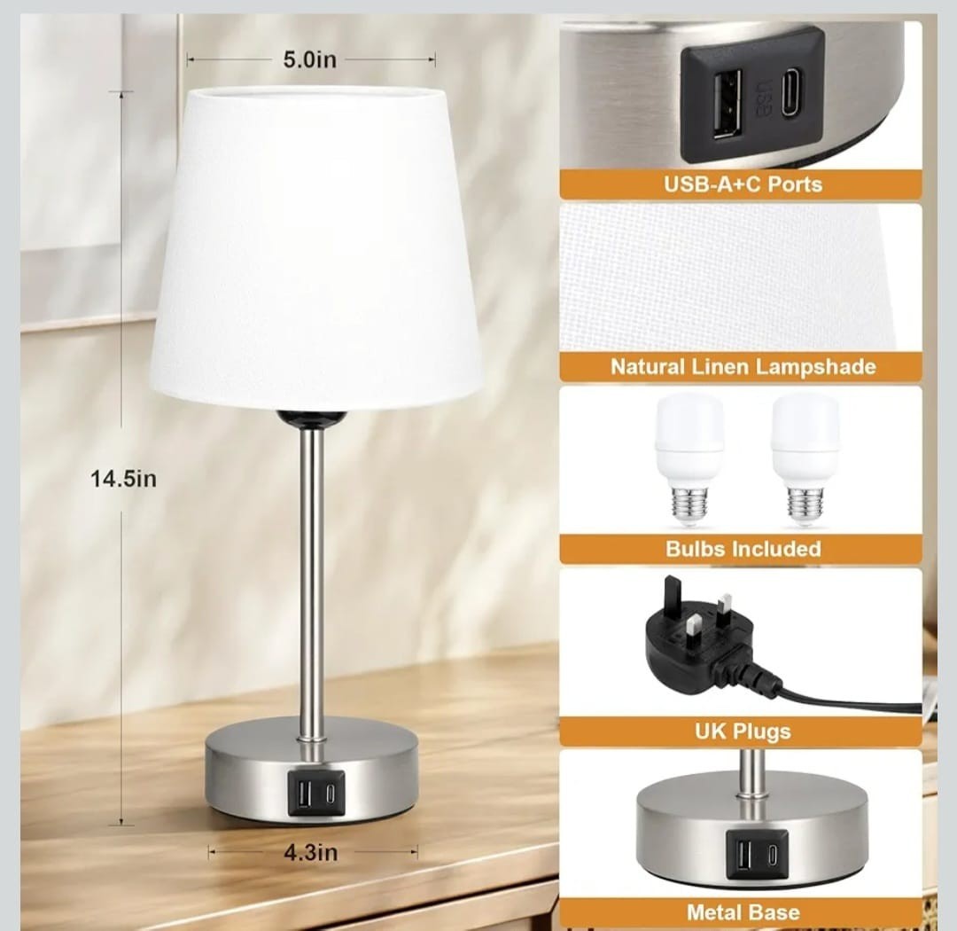 Set of 2 Touch Bedside Table Lamps with 3-Way Dimmable Light – Off-White Fabric 