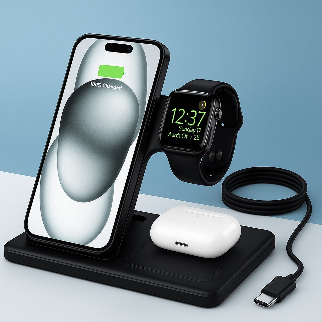 3 In 1 Fast Wireless Charger Dock Stand For Apple iPhone, Apple Watch, AirPods.