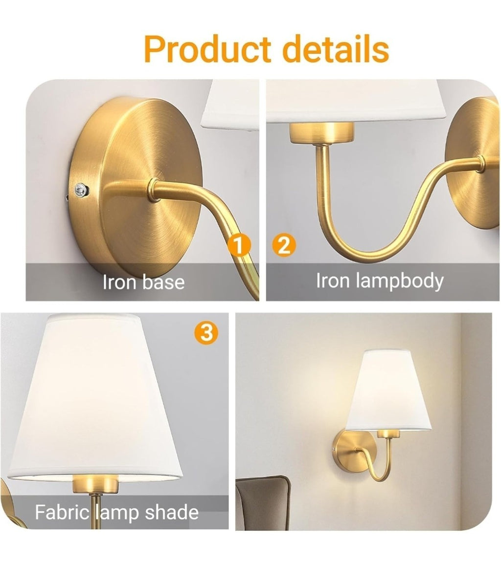 Antique Brass Classic Gold Wall Sconce with White Fabric Shade Modern E27 Light 