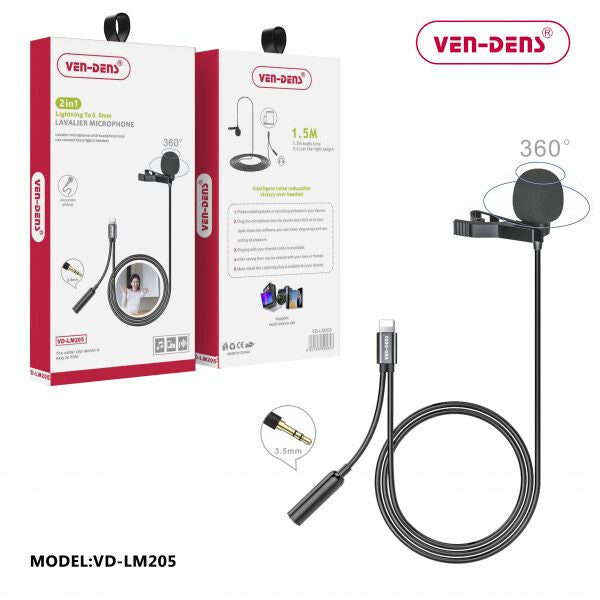 2in1 Microphone for iphone 8pin Connector + Aux 3.5mm Lavalier VEN-DENS VD-LM205