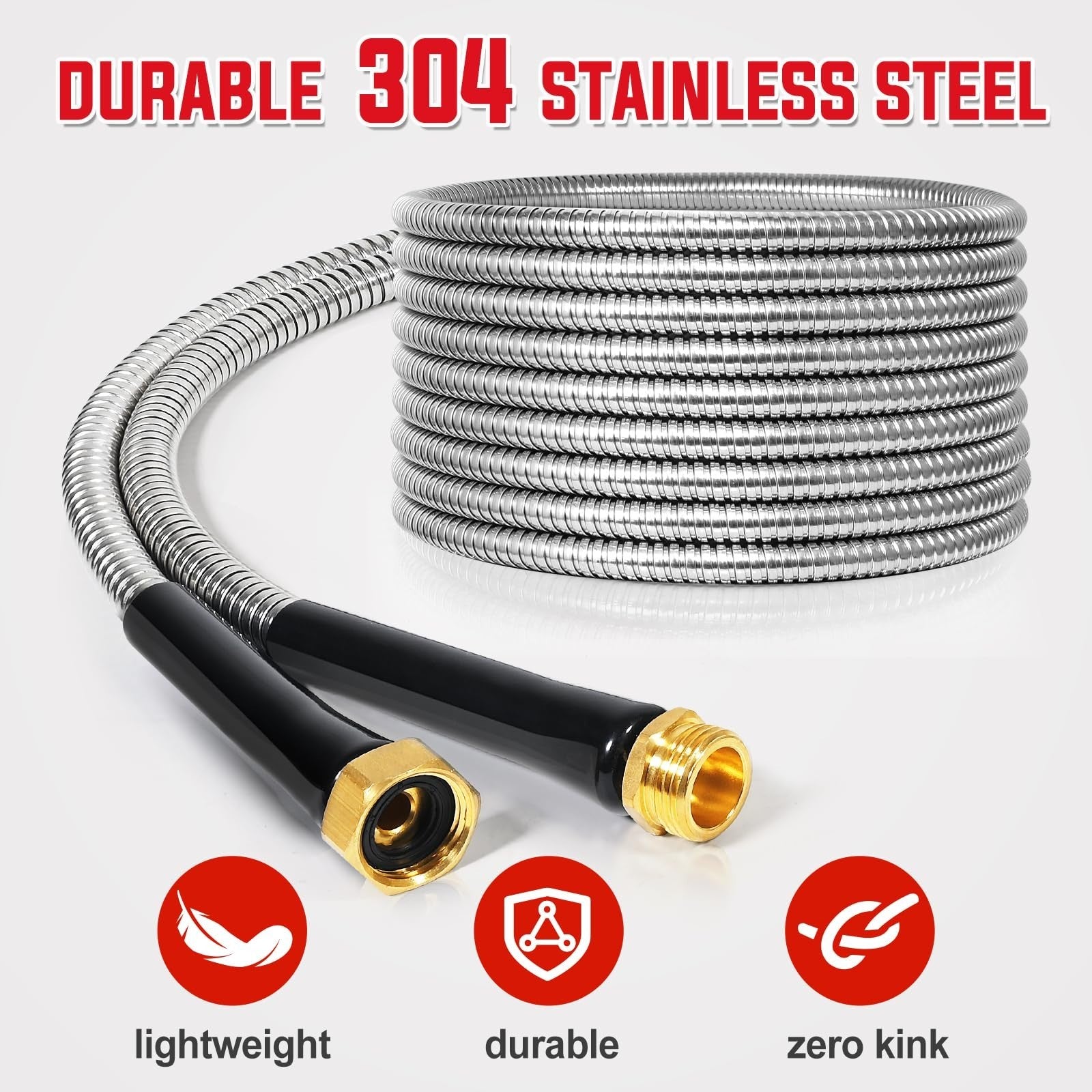 25FT Stainless Steel Garden Hose – Heavy Duty Flexible Metal Water Hose Brass 