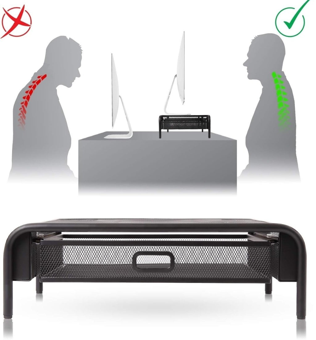 Mesh Metal Monitor Stand, Laptop, Printer with Drawer & Pen Holders |Vertical