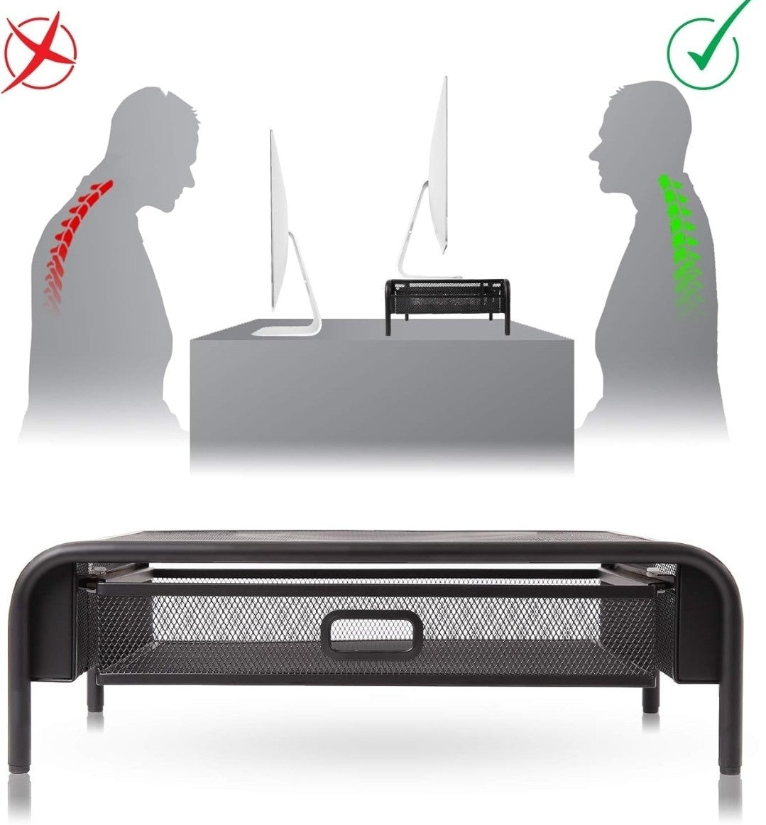 Mesh Metal Monitor Stand, Laptop, Printer with Drawer & Pen Holders |Vertical