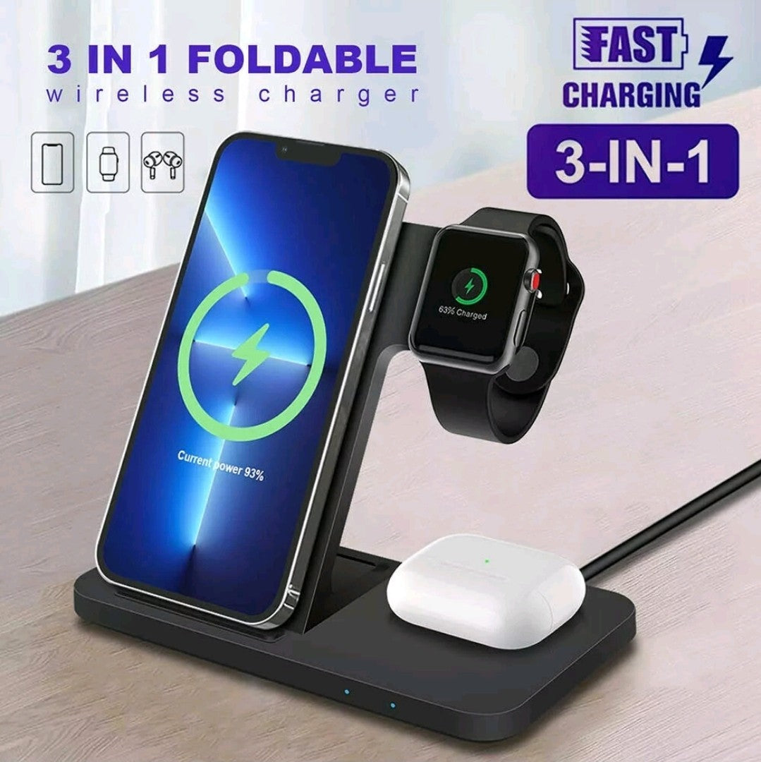 3 In 1 Fast Wireless Charger Dock Stand For Apple iPhone, Apple Watch, AirPods.