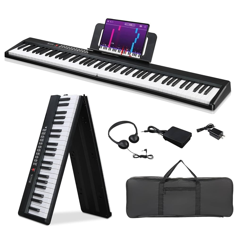 Digital Piano 88 Keys Foldable Electronic Keyboard with Headphones, Mic, Case