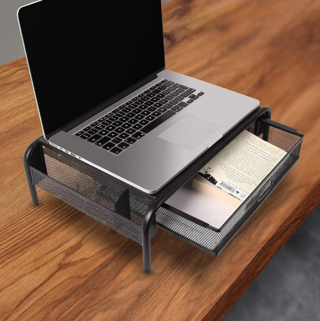 Mesh Metal Monitor Stand, Laptop, Printer with Drawer & Pen Holders |Vertical