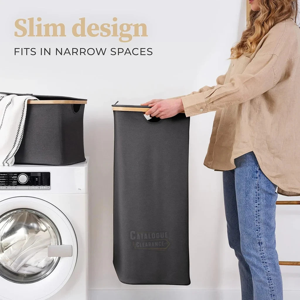 Adrian 100L Bamboo Laundry Hamper with Lid & Removable Bag in Dark Grey Colour