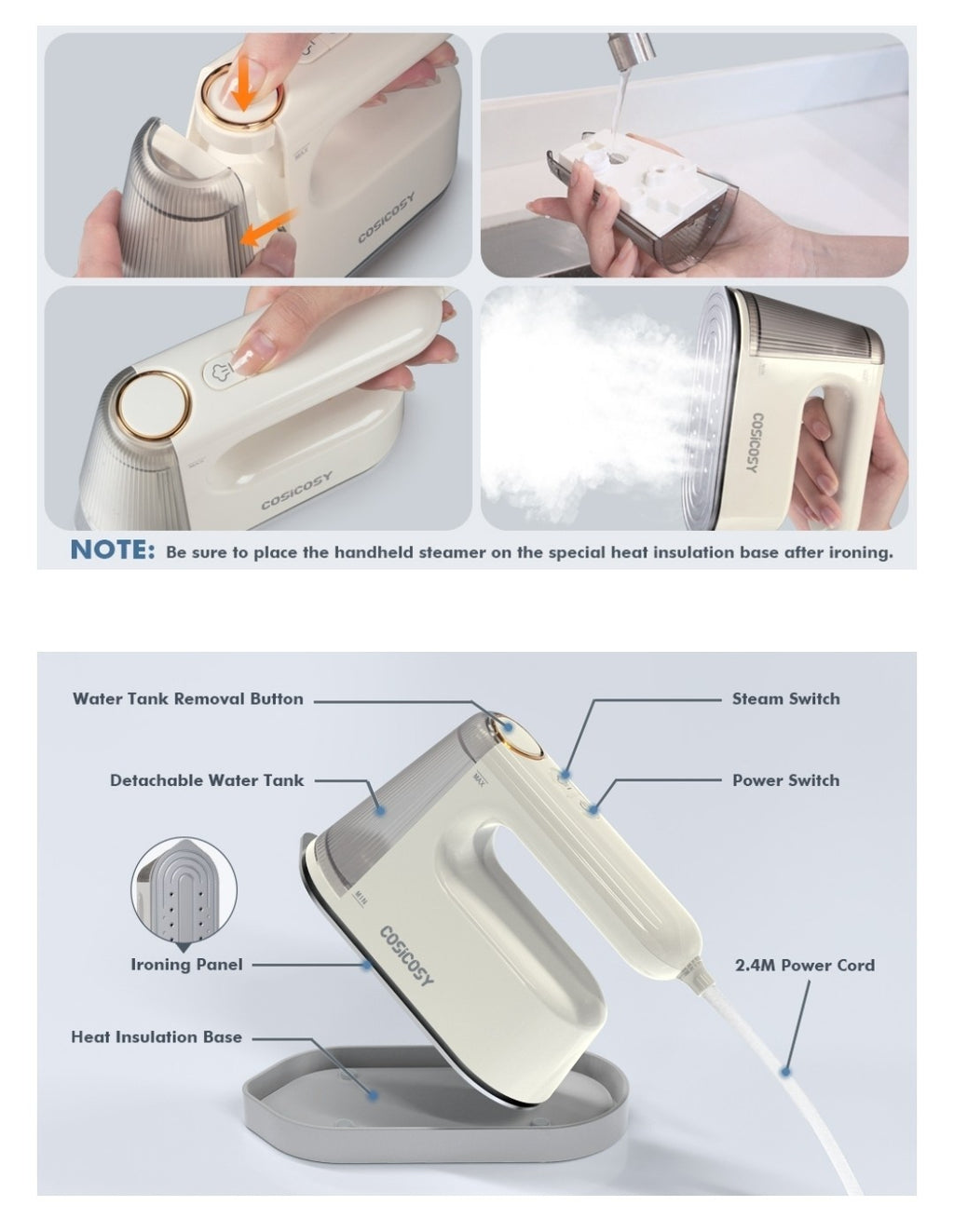 Cosicosy 2-in-1 Handheld Clothes Steamer & Iron 1200W Portable Travel Garment