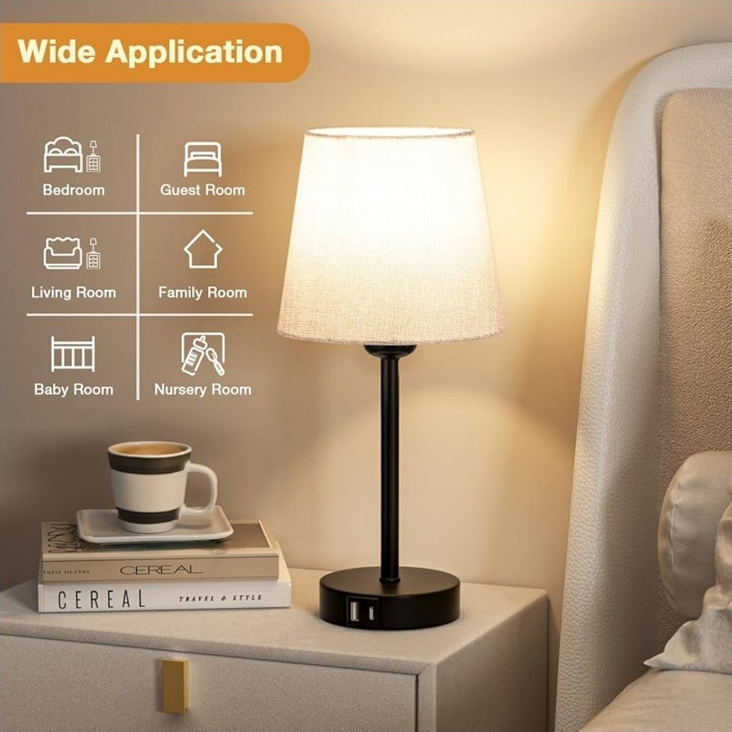 Set of 2 Touch Bedside Table Lamps with 3-Way Dimmable Light – Off-White Fabric 