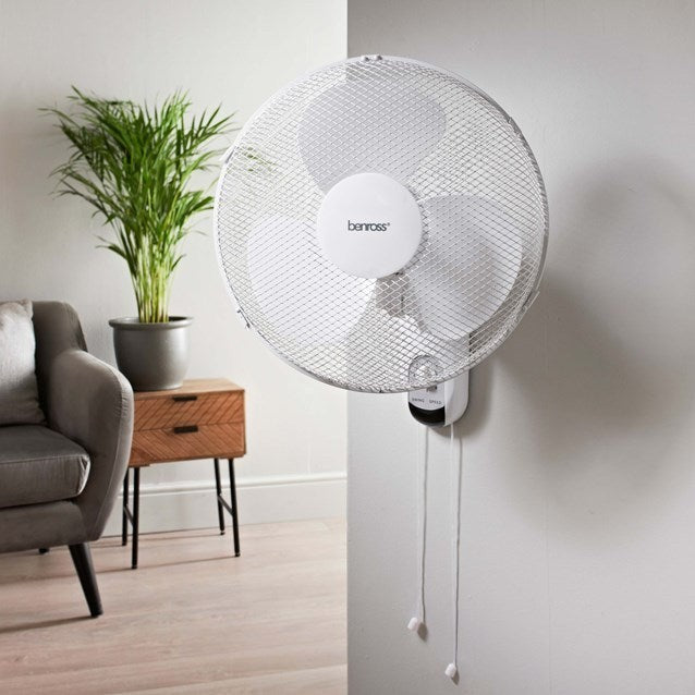 Benross 16" Oscillating Wall Fan 50W | 3 Speed Settings | Pull Cord Control 